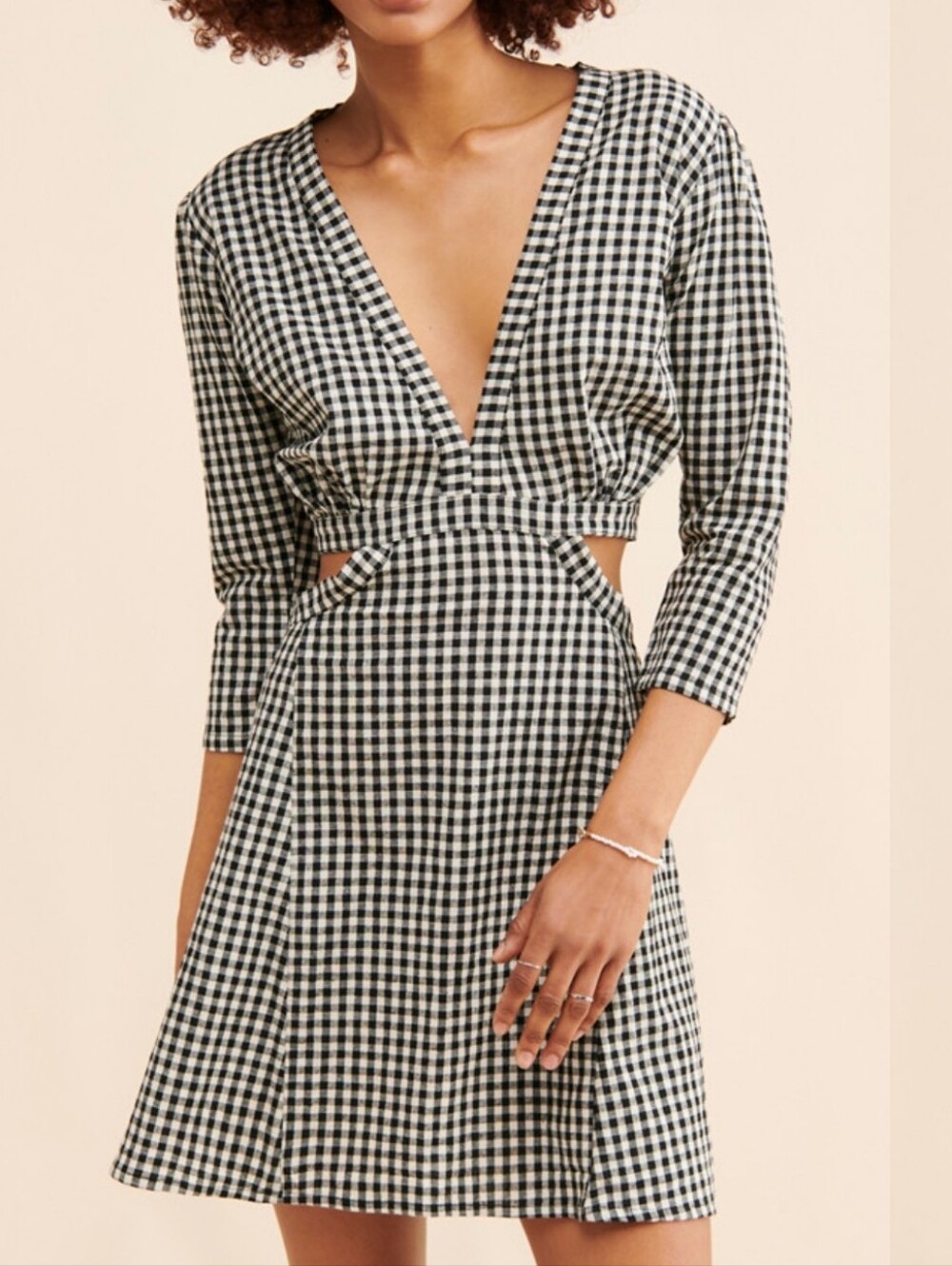 Rue Stiic Chelsea Checked Mini Dress Black White M Linen Cotton Side Cut Out